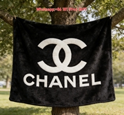 Chanel Classic White CC Logo Black Flannel Throw Blanket IMG_6671